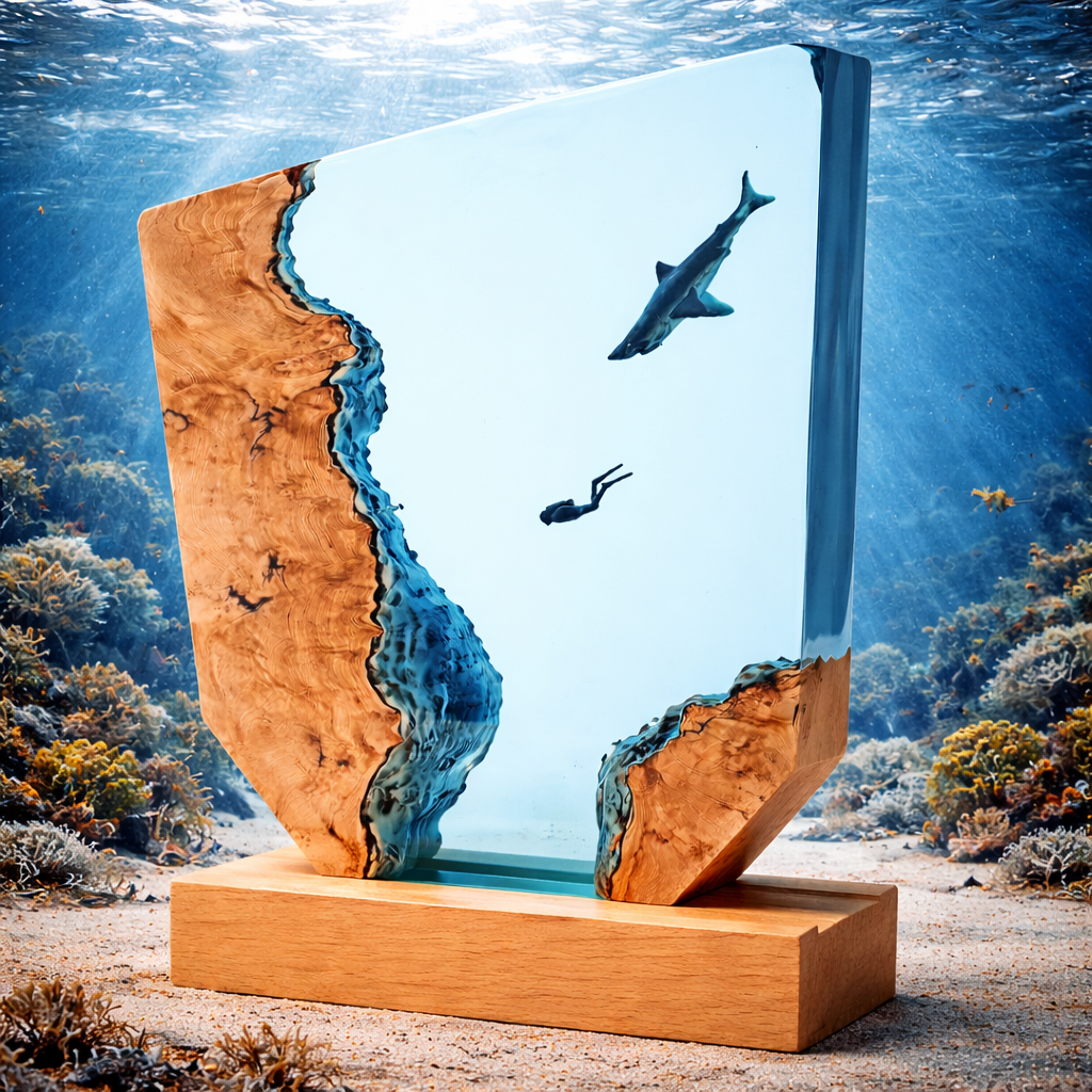 Diver And Shark Resin Lamp