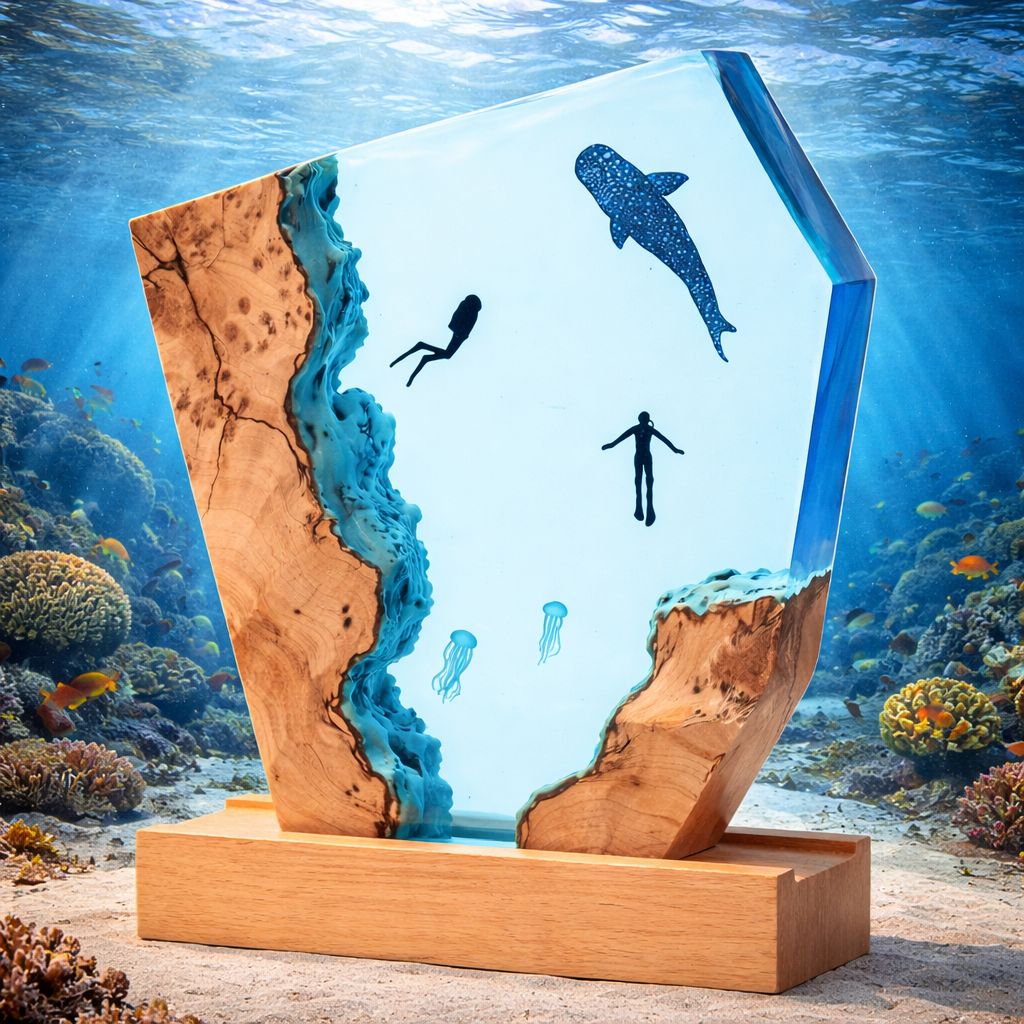 Divers, Whale And Jellyfish Resin Lamp